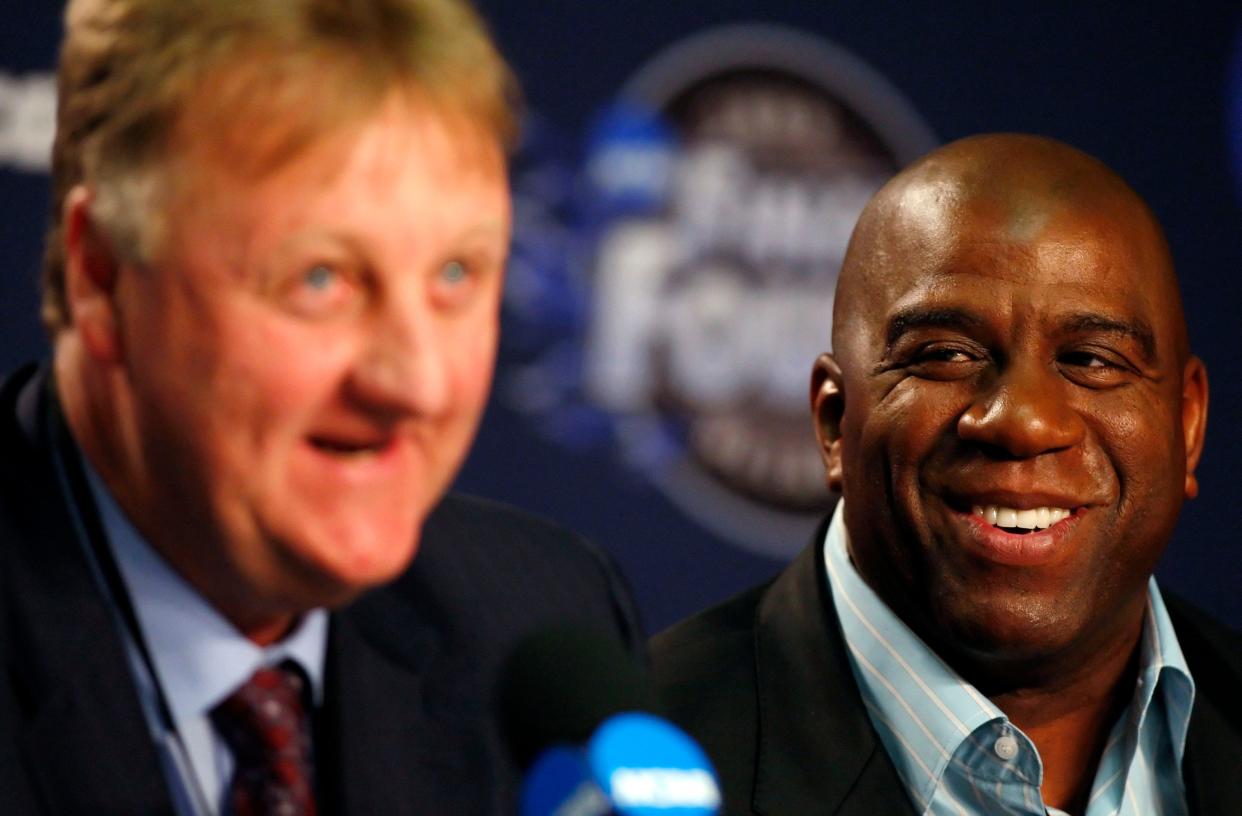 Magic Johnson and Larry Bird speak at a press conference before the 2009 Men's NCAA championship game in Detroit between North Carolina and Michigan State.