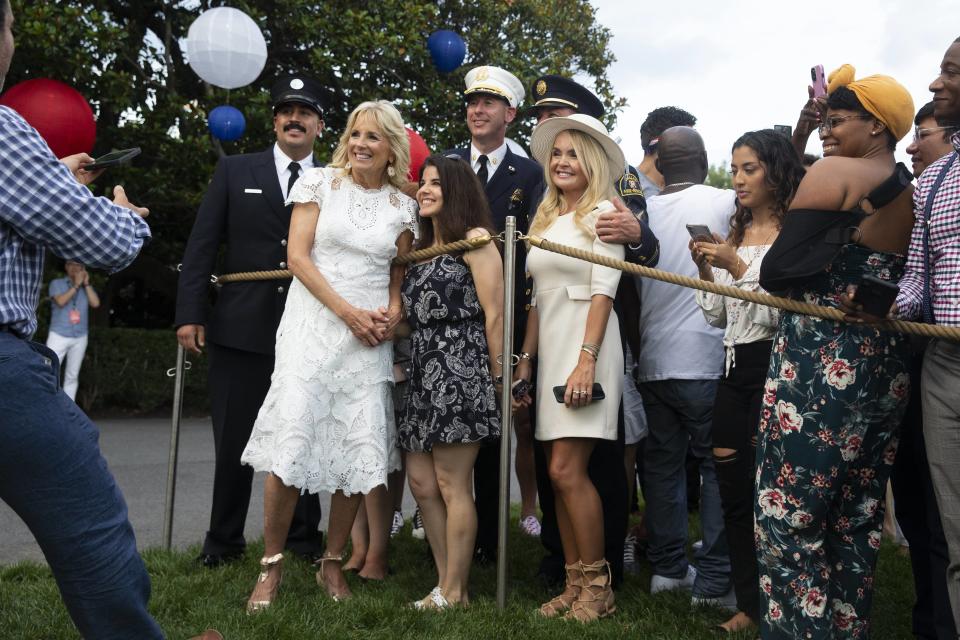 Jill Biden greets guests at an Independence Day party on the South Lawn of the White House. - Credit: Michael Reynolds - Pool via CNP / MEGA