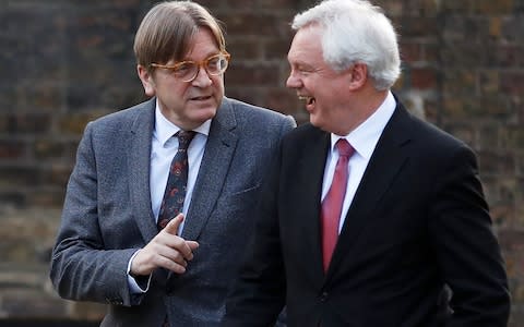 Guy Verhofstadt, the European Union's chief Brexit negotiator, and Britain's Secretary of State for Exiting the European Union David Davis