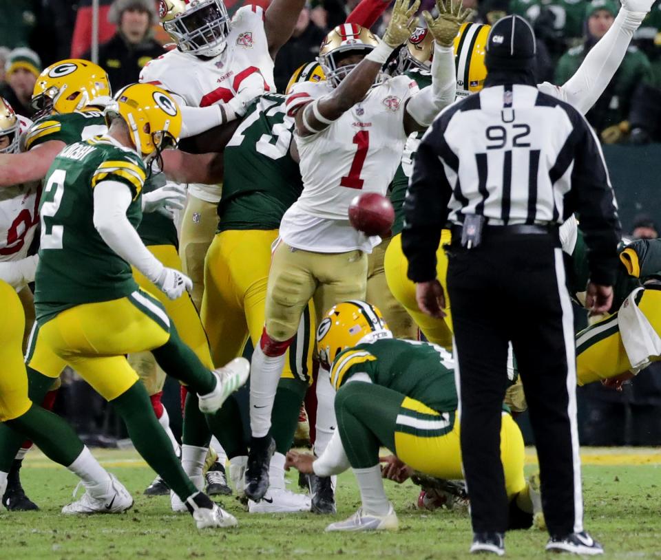 Green Bay Packers kicker Mason Crosby (2) has his field goal attempt blocked during the second quarter of the NFC divisional playoff round game against the San Francisco 49ers on Jan. 22 at Lambeau Field.