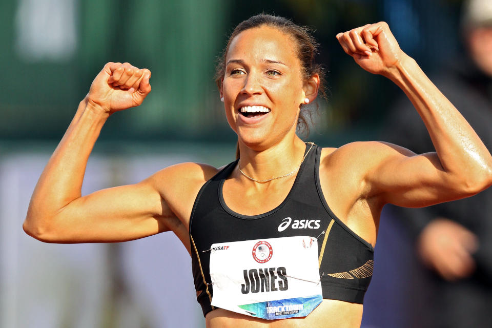 Lolo Jones reacts after qualifying for 2012 Olympics after coming in third in the women's 100 meter hurdles final during Day Two of the 2012 U.S. Olympic Track & Field Team Trials at Hayward Field on June 23, 2012 in Eugene, Oregon. (Photo by Christian Petersen/Getty Images)