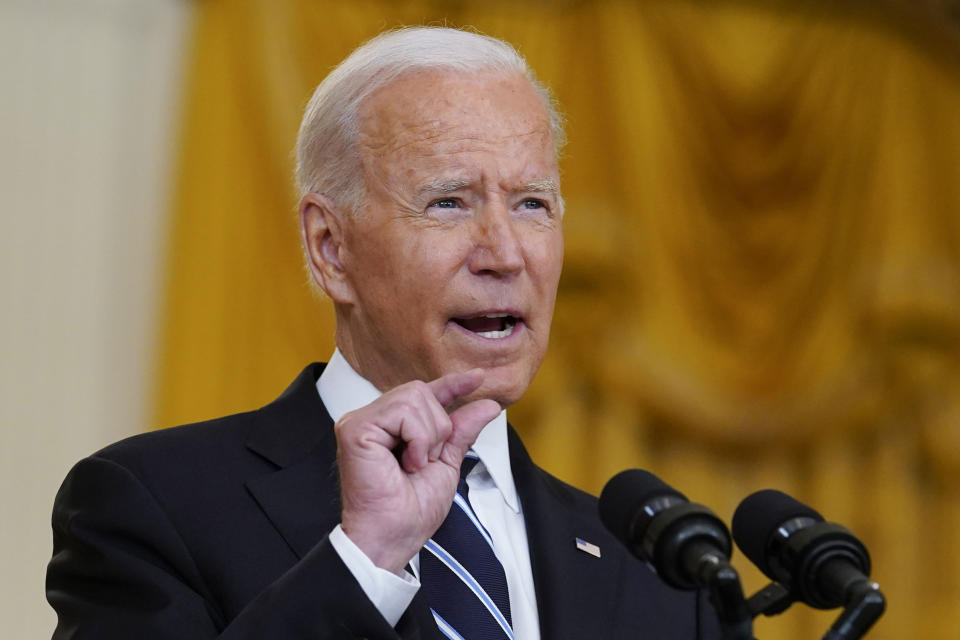 President Joe Biden speaks from the East Room of the White House in Washington, Wednesday, Aug 18, 2021, on the COVID-19 response and vaccination program. U.S. health officials Wednesday announced plans to offer COVID-19 booster shots to all Americans to shore up their protection amid the surging delta variant and signs that the vaccines' effectiveness is falling. (AP Photo/Susan Walsh)