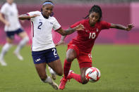 United States' Crystal Dunn, left, and Canada's Ashley Lawrence battle for the ball during a women's semifinal soccer match at the 2020 Summer Olympics, Monday, Aug. 2, 2021, in Kashima, Japan. (AP Photo/Andre Penner)