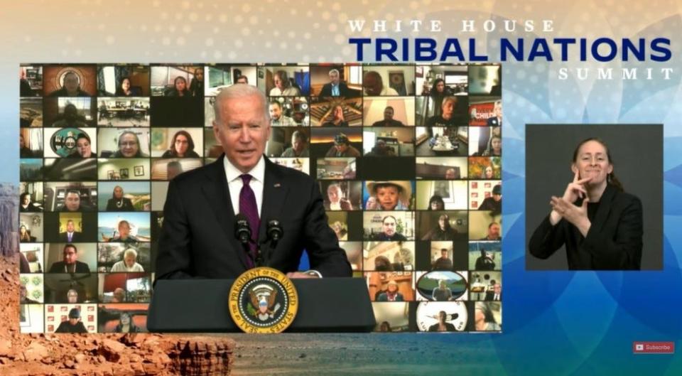 President Joe Biden addresses tribal leaders from Washington, D.C. on Nov. 15 during the virtual White House Tribal Nations Summit.