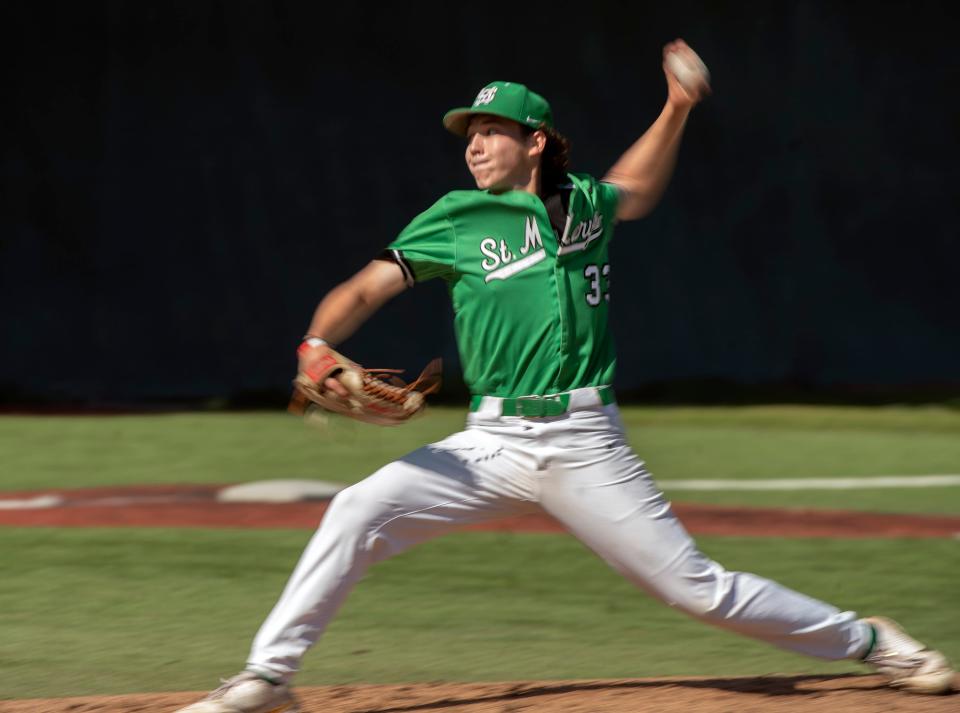 St.Mary's Beckett Bo delivers a pitch during a Sac-Joaquin Section playoff game against Folsom at St. Mary's in Stockton on Thursday, May 11, 2023.  St. Mary's won 6-1.