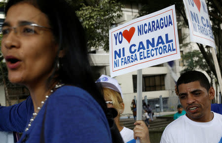 Nicaraguans living in Costa Rica demonstrate against what they call an electoral farce in Nicaragua's election, in San Jose, Costa Rica November 6, 2016. The sign reads, "Not to the electoral farce"/ REUTERS/Juan Carlos Ulate