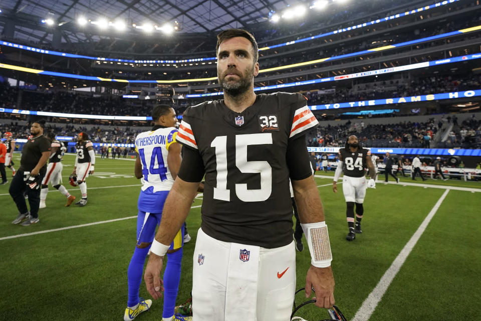 Cleveland Browns quarterback Joe Flacco (15) walks on the field after an NFL football game against the Los Angeles Rams, Sunday, Dec. 3, 2023, in Inglewood, Calif. (AP Photo/Ryan Sun)