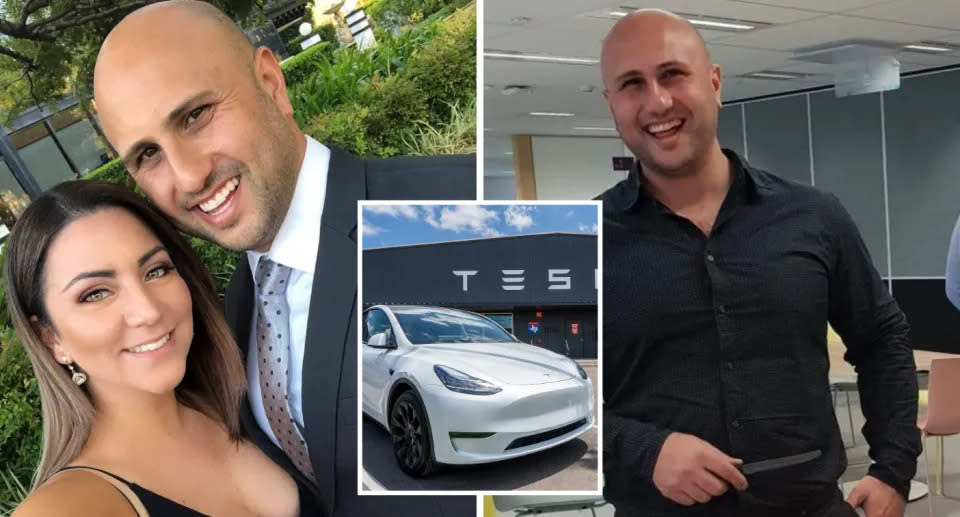 Jeff Zarif with a woman next to a photo of a Tesla