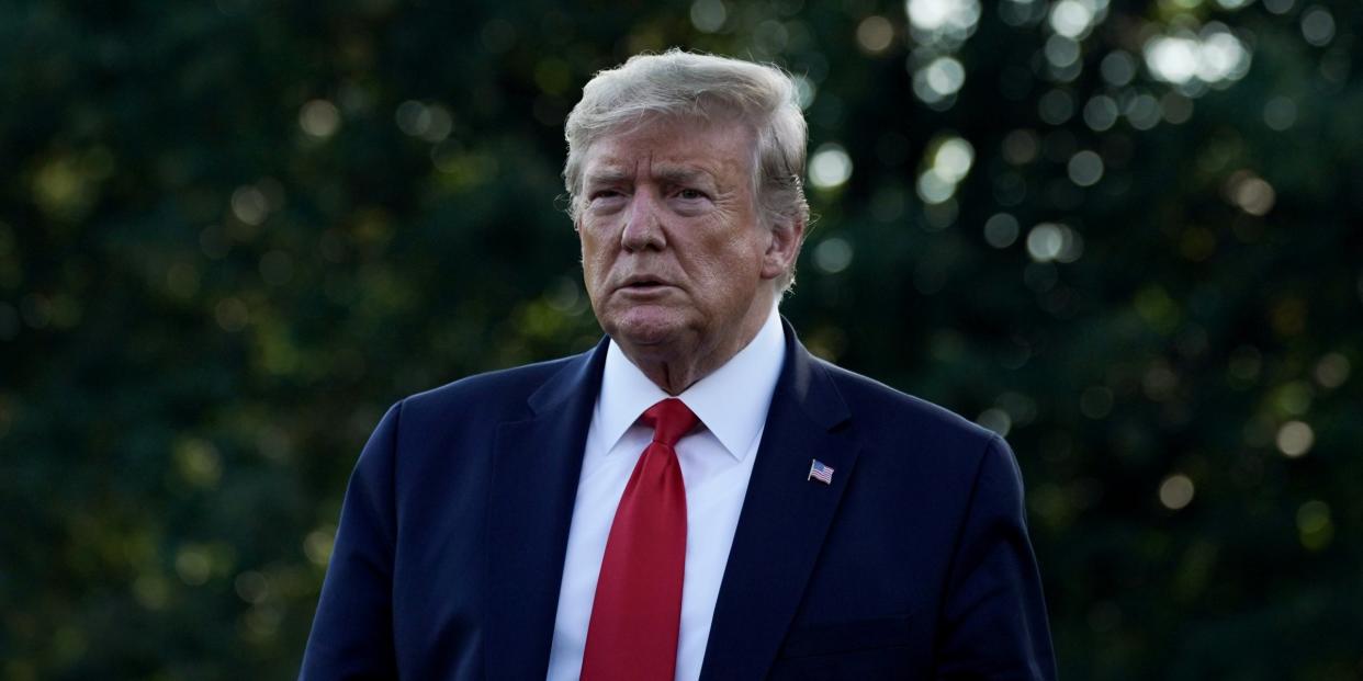 U.S. President Donald Trump walks to address the media before boarding Marine One for a trip to New Mexico, on the South Lawn of the White House in Washington, U.S., September 16, 2019.  REUTERS/Sarah Silbiger.