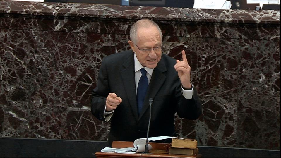 Alan Dershowitz, an attorney for President Donald Trump, addresses the Senate on Jan. 27, 2020.