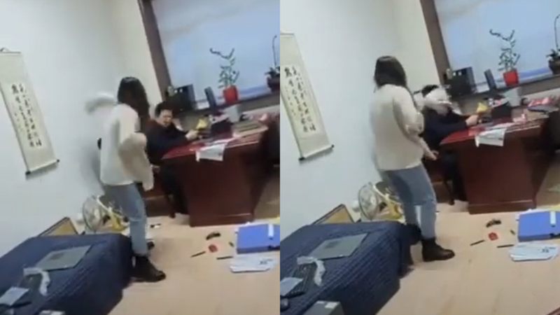 中國大陸男官員疑似性騷女工作人員，遭當事人暴打一頓。（翻攝自YouTube）