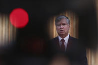 U.S. Deputy Secretary of State Stephen Biegun speaks during a news briefing after meeting with South Korea's First Vice Foreign Minister Cho Sei-young at the foreign ministry in Seoul Wednesday, July 8, 2020. Biegun is in Seoul to hold talks with South Korean officials about allied cooperation on issues including North Korea. (Chung Sung-jun/Pool Photo via AP)