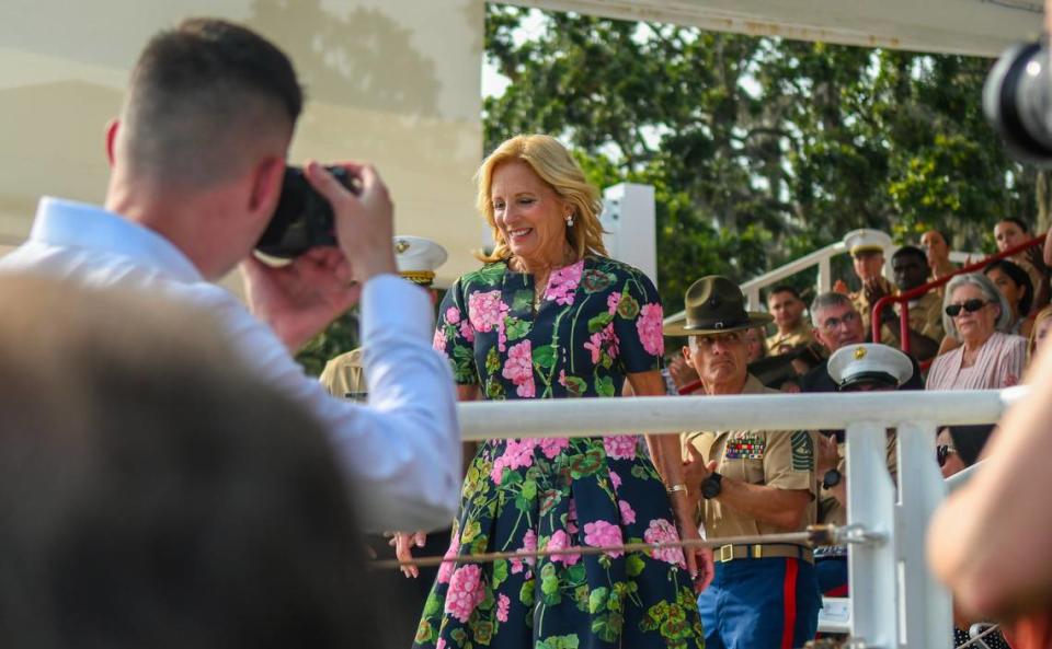 First Lady Jill Biden makes her way to the podium on Friday, June 30, 2023 at U.S. Marine Corps Recruit Depot Parris Island. The visit is part of a White House initiative started in 2011 by then First Lady Michelle Obama and Biden called Joining Forces to assist military members and their families through education, employment opportunities and wellness programs.