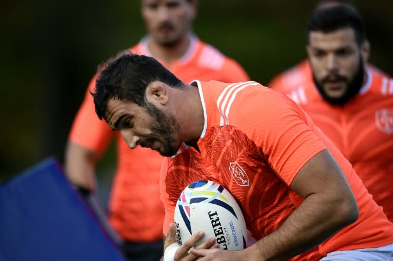 France's lock Yoann Maestri runs with a ball during a training session at the Vale Resort in Hensol, south Wales, on October 8, 2015, during the Rugby Union World Cup