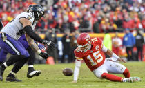 <p>Kansas City Chiefs quarterback Patrick Mahomes loses control of the ball in overtime, but the Chiefs ended up recovering it against the Baltimore Ravens on Sunday, Dec. 9, 2018 at Arrowhead Stadium in Kansas City, Mo. The Chiefs won, 27-24. (John Sleezer/Kansas City Star/TNS) </p>