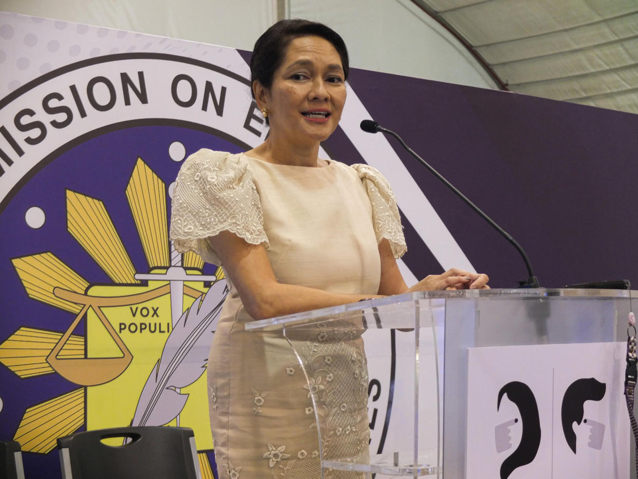 PASAY, PHILIPPINES - 2022/05/18: Senator Risa Hontiveros delivers a speech during a media press conference at the Philippine International Convention Center. Some newly-elected Philippine senators give their views and opinions regarding the incoming new government of President-elect Ferdinand 