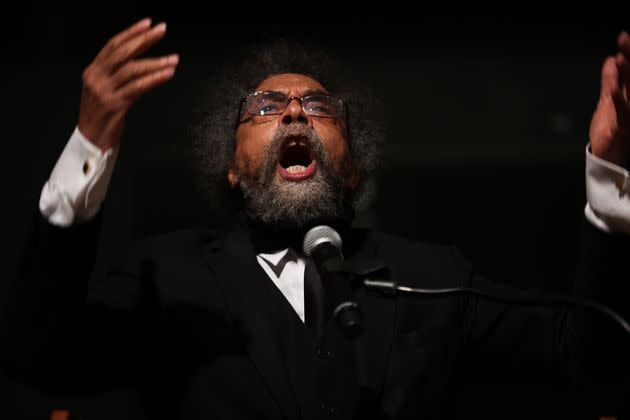 West delivers a keynote speech at a Malcolm X commemoration event at The Shabazz Center in New York City on Feb. 21, 2022.