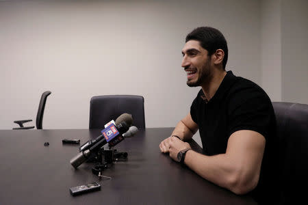 Turkish NBA player Enes Kanter speaks about the revocation of his Turkish passport and return to the United States at National Basketball Players Association headquarters in New York, U.S., May 22, 2017. REUTERS/Lucas Jackson