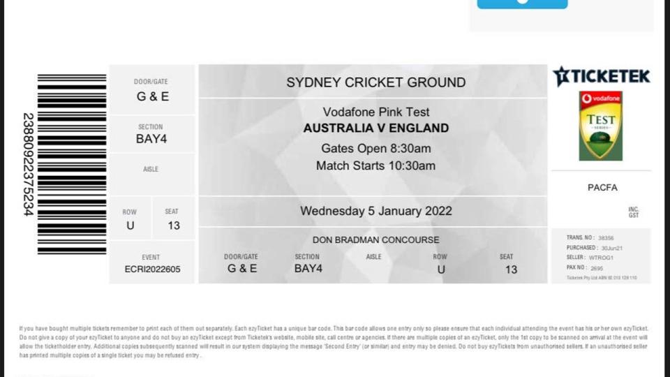 A ticket for Day 1 of the Sydney Test between Australia and England.