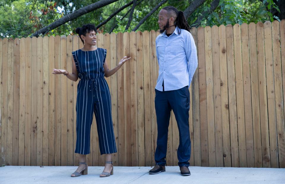 Austin Avery, president and CEO of The Original Project team, and his wife, Laresia Avery, speak at a celebration for the new Fish-n-loaves sustainability hub Friday, July 1, 2022, at 2854 Douglass Avenue in Orange Mound. The location will feature food distribution, garden and a place to educate on home gardening.