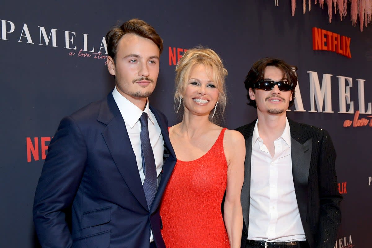 Pamela Anderson, pictured with her sons Brandon and Dylan, at the premiere of her Netflix documentary Pamela: A Love Story (Getty Images for Netflix)