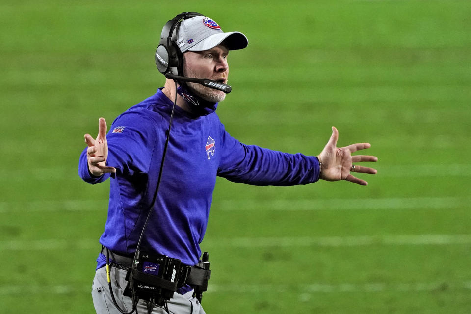 Buffalo Bills head coach Sean McDermott reacts during the first half of an NFL football game against the San Francisco 49ers, Monday, Dec. 7, 2020, in Glendale, Ariz. (AP Photo/Rick Scuteri)