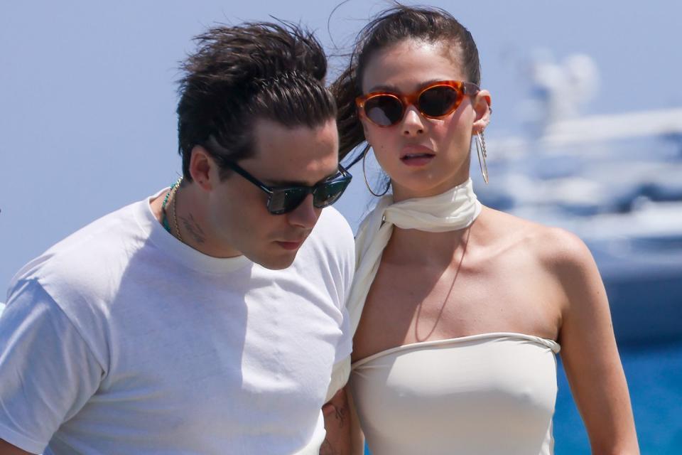 <p>TheImageDirect.com</p> Brooklyn Beckham and Nicola Peltz Beckham wear matching white looks in Saint-Tropez.