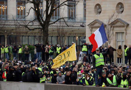 Protesters wearing yellow vests take part in a demonstration by the "yellow vests" movement in Paris, France, January 5, 2019. REUTERS/Gonzalo Fuentes