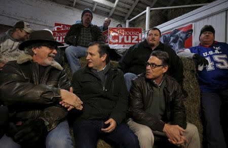 U.S. Republican presidential candidate Ted Cruz (front, C) greets an attendee as he is joined at a campaign event with former Governor of Texas Rick Perry (R) at a campaign event in Osceola, Iowa, United States, January 26, 2016. REUTERS/Jim Young