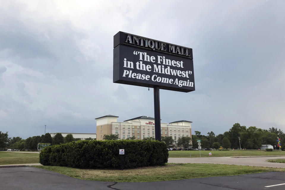 This Tuesday, July 21, 2020, photo, shows an antiques mall owned by U.S. Rep. Greg Pence and his wife. Pence, the older brother of Vice President Mike Pence, is being criticized for allowing the sale of objects with racist depictions of African Americans at a time when the country is having a reckoning over race. (AP Photo/Casey Smith)