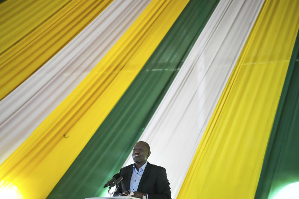 Kenya's President-elect William Ruto addresses the media at his official residence of the deputy president in the Karen area of Nairobi, Kenya Wednesday, Aug. 17, 2022. (AP Photo/Mosa'ab Elshamy)