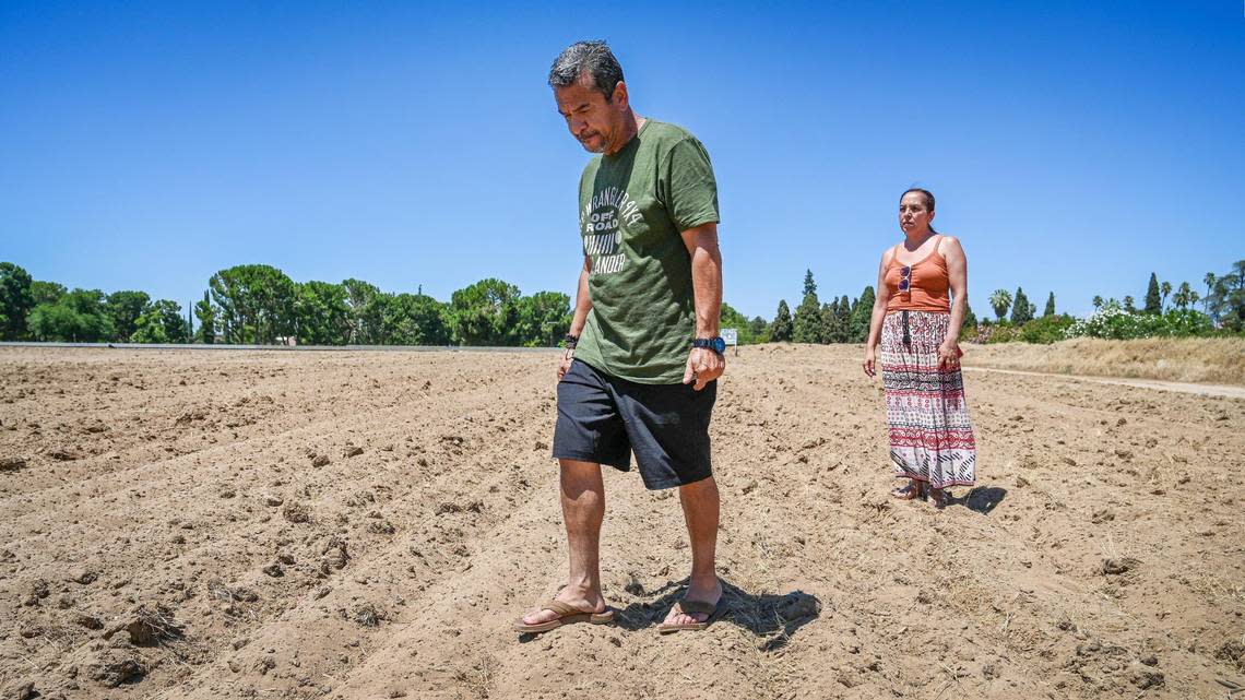 Antonio Montana and his wife Graciela Alvarez Montana walk in an empty field in west Fresno on Wednesday, July 20, 2022 where the skull of his missing son Luis was found in October 2021. Police say they are treating the case as a suspicious death but further remains or a cause of death have yet to be found.