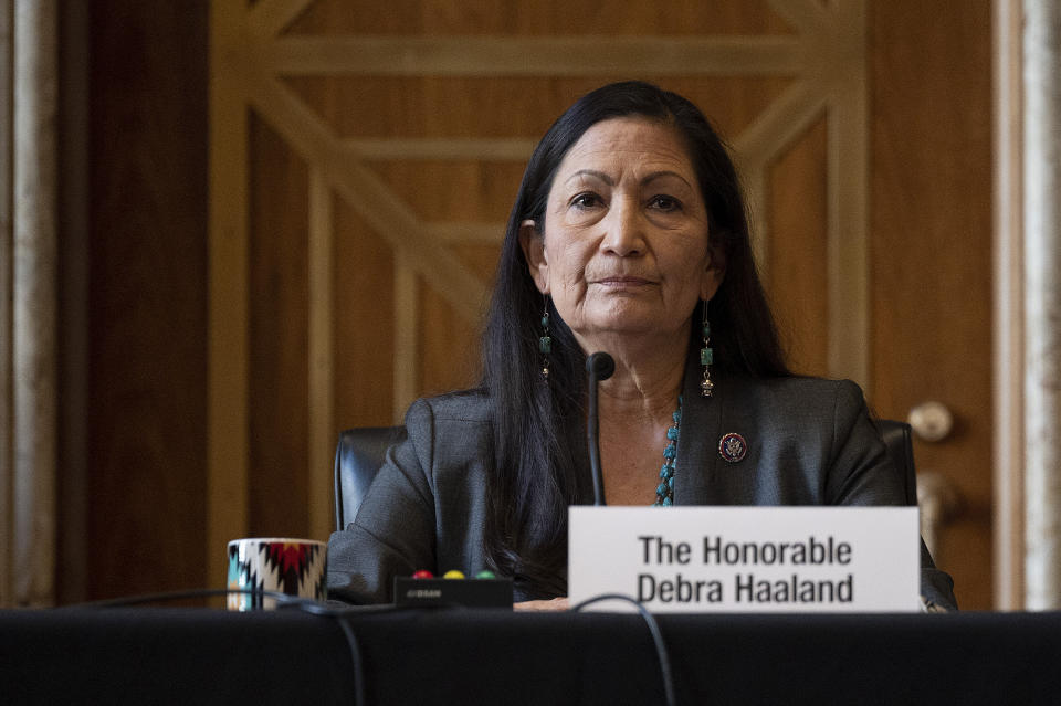 Rep. Deb Haaland (D-N.M.) speaks Tuesday during the Senate Committee on Energy and Natural Resources hearing on her nomination to run the Interior Department. (Photo: JIM WATSON/POOL/AFP via Getty Images)