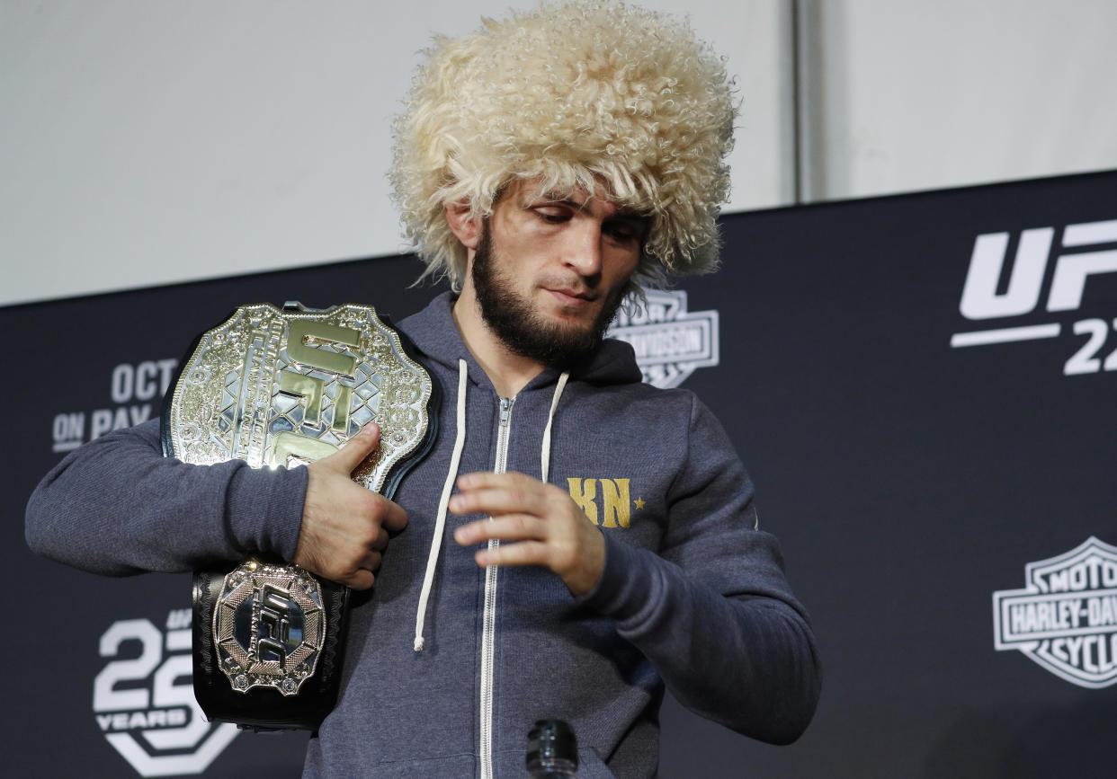 Khabib Nurmagomedov attends a news conference after the UFC 229 mixed martial arts event Saturday, Oct. 6, 2018, in Las Vegas. A brawl broke out after the main event between Khabib Nurmagomedov and Conor McGregor when Nurmagomedov climbed over the cage and set off a scuffle with another fighter in McGregor's corner. (AP Photo/John Locher)