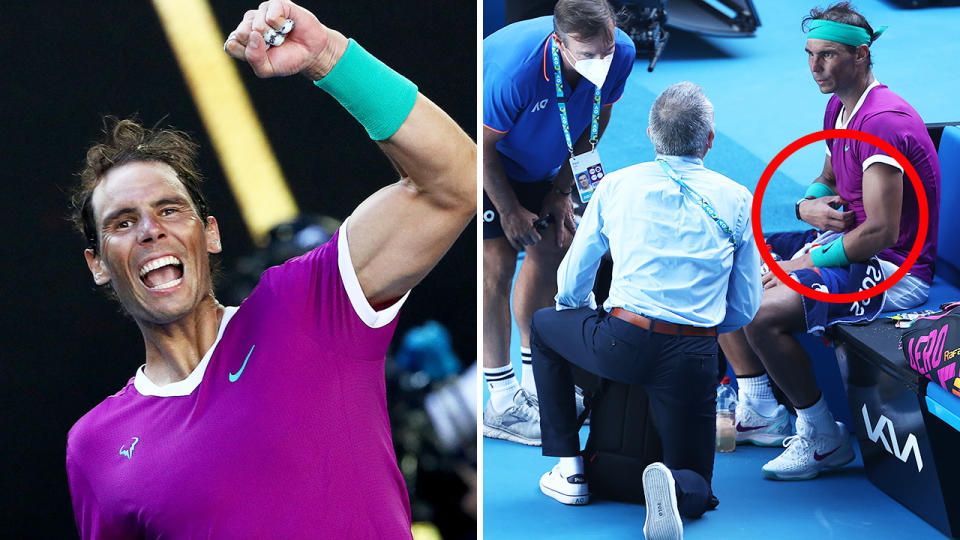 Rafael Nadal won his Australian Open quarter final against Denis Shapovalov, but not without requiring five sets and some medical assistance along the way. Pictures: Getty Images