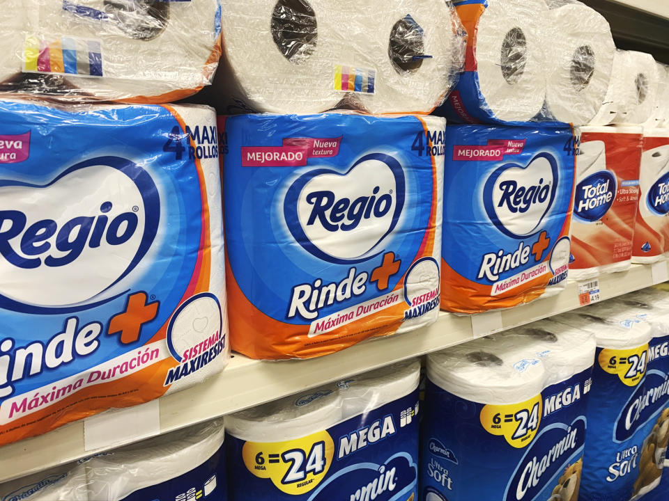 This Sept. 4, 2020, photo, shows Regio, a Mexican toilet paper brand, on the shelf at a CVS in New York. Demand for toilet paper has been so high during the pandemic that in order to keep their shelves stocked, retailers across the country are buying up foreign toilet paper brands, mostly from Mexico. (AP Photo/Joseph Pisani)