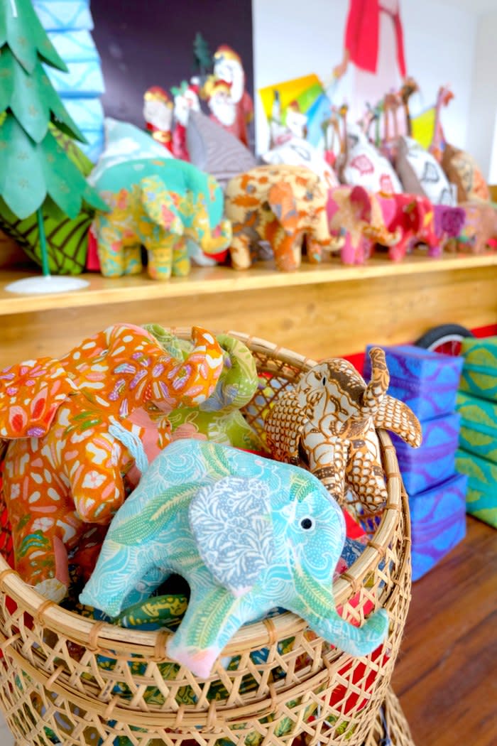 Cute elephants: My Indonesia sells elephants, giraffes and owl dolls covered in batik cloth, with different colorful patterns making for very interesting patchwork.