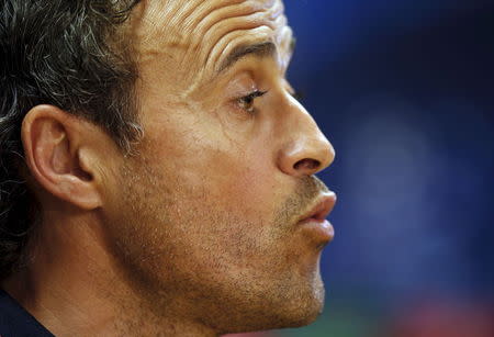 Barcelona's coach Luis Enrique talks during a news conference after a training session at Ciutat Esportiva Joan Gamper in Sant Joan Despi near Barcelona, Spain, May 5, 2015. REUTERS/Gustau Nacarino