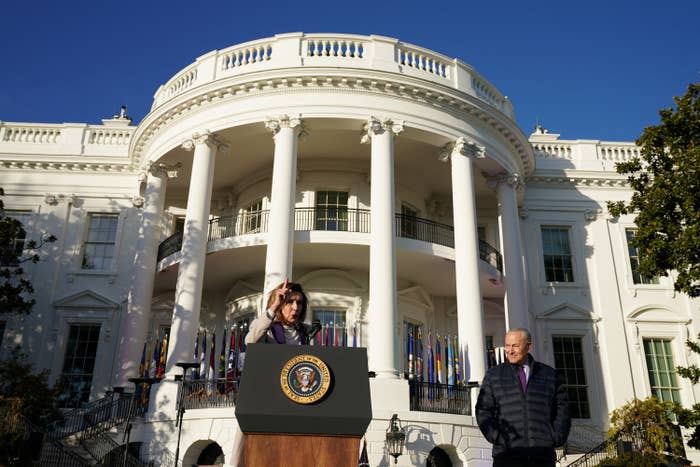 Speaker Nancy Pelosi speaks next to Senate Majority Leader Chuck Schumer at the White House on Tuesday.