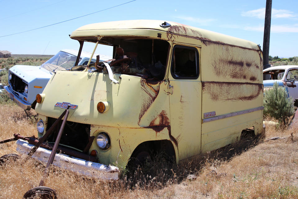 <p>An early 1960s Chevrolet Step-Van is another resident of L&L Classic Auto that ended up in the yard after a crash. Judging by the damage, it clearly rolled onto its side, and probably slid for some time. That said, it’s a mystery how the door handle survived the accident. </p><p>Chevrolet Step-Vans were built from 1940 to 1999, and older ones are gaining popularity as quirky mobile catering vehicles.</p>