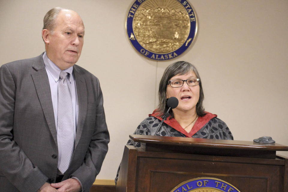 Alaska's new lieutenant governor, Valerie Davidson, right, addresses a news conference Tuesday, Oct. 16, 2018, in Anchorage, Alaska, as Gov. Bill Walker looks on. Davidson was sworn in Tuesday after former Lt. Gov. Byron Mallott resigned after the governor's office said he made "inappropriate comments." (AP Photo/Mark Thiessen)