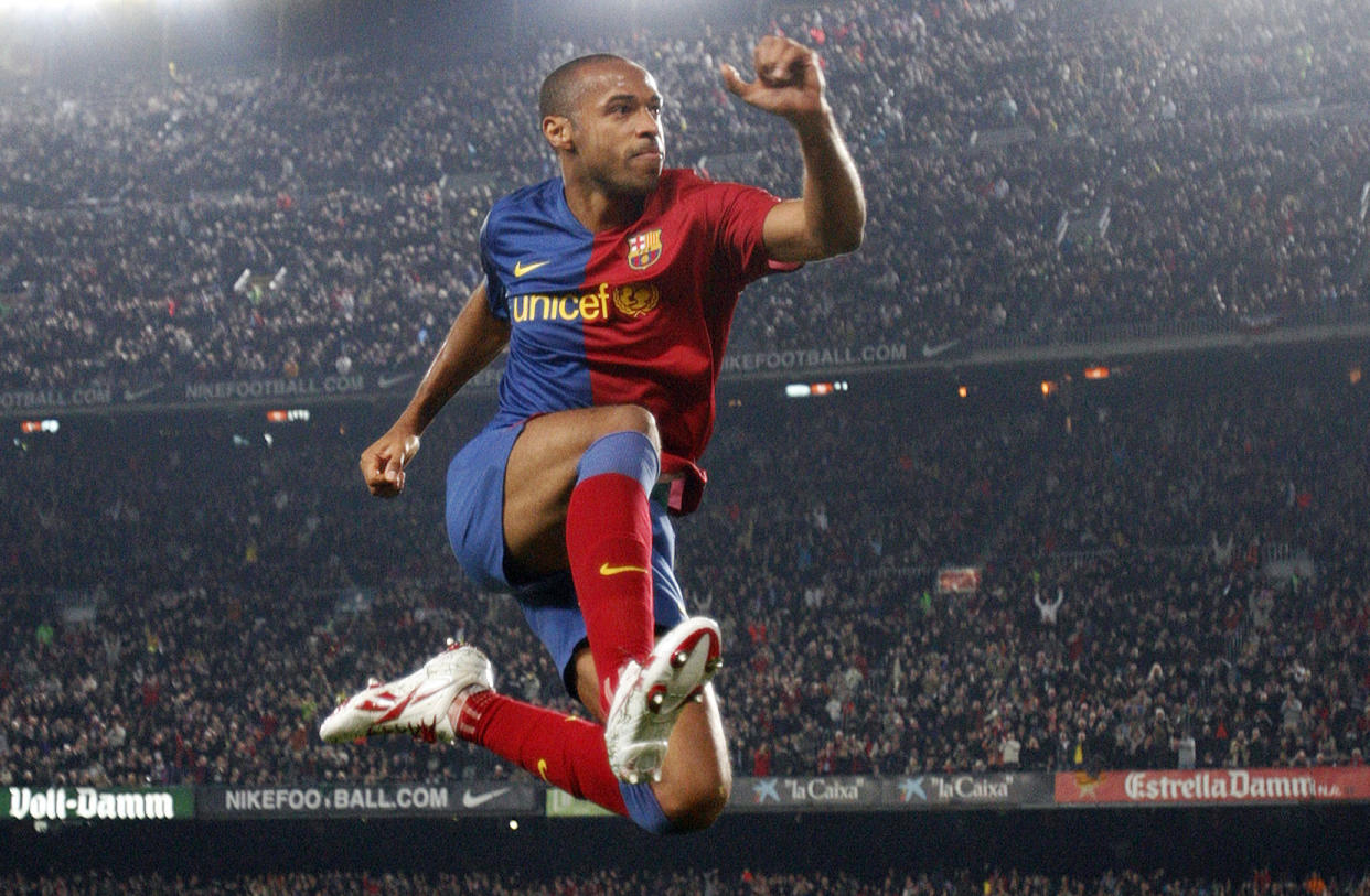 Barcelona's Thierry Henry celebrates a goal against Malaga at the Nou Camp Stadium in Barcelona in 2009