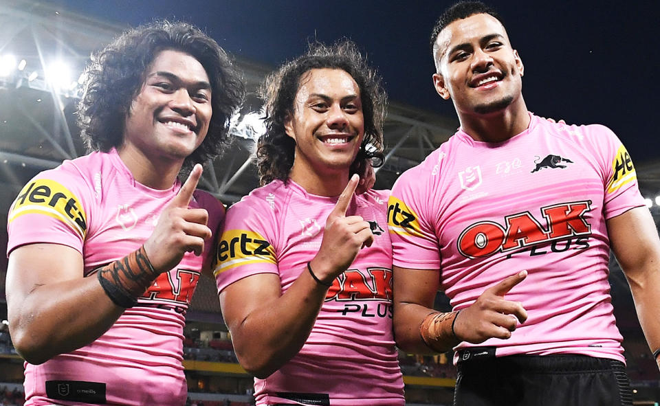 Brian To'o, Jarome Luai and Stephen Crichton, pictured here after a game for the Panthers in 2021.