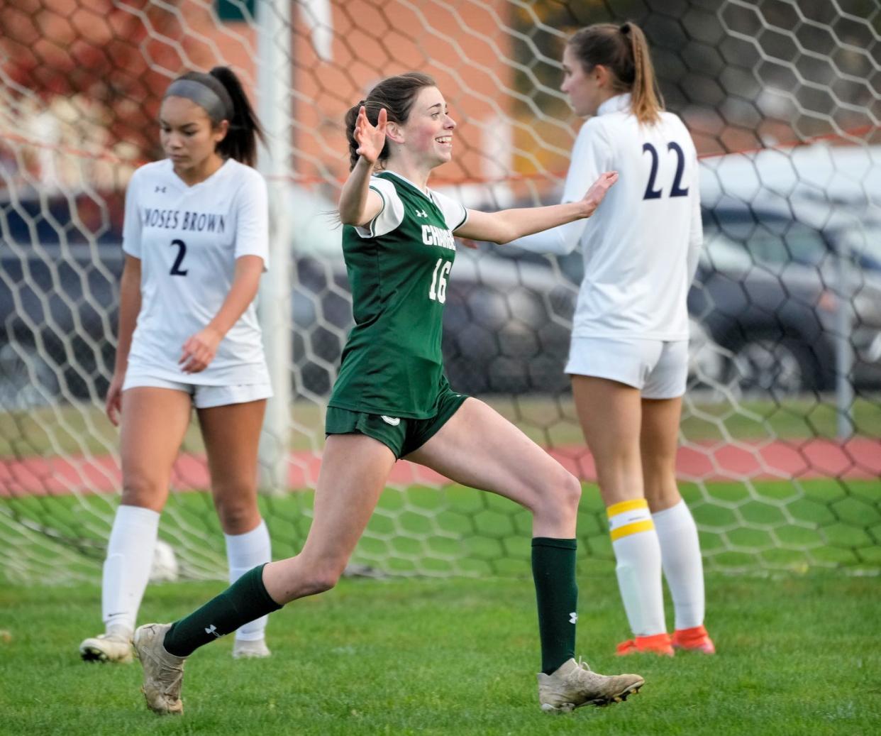 Chariho midfielder Emily Brown celebrates her second first half goal during the Chargers playoff game against Moses Brown on Tuesday evening.