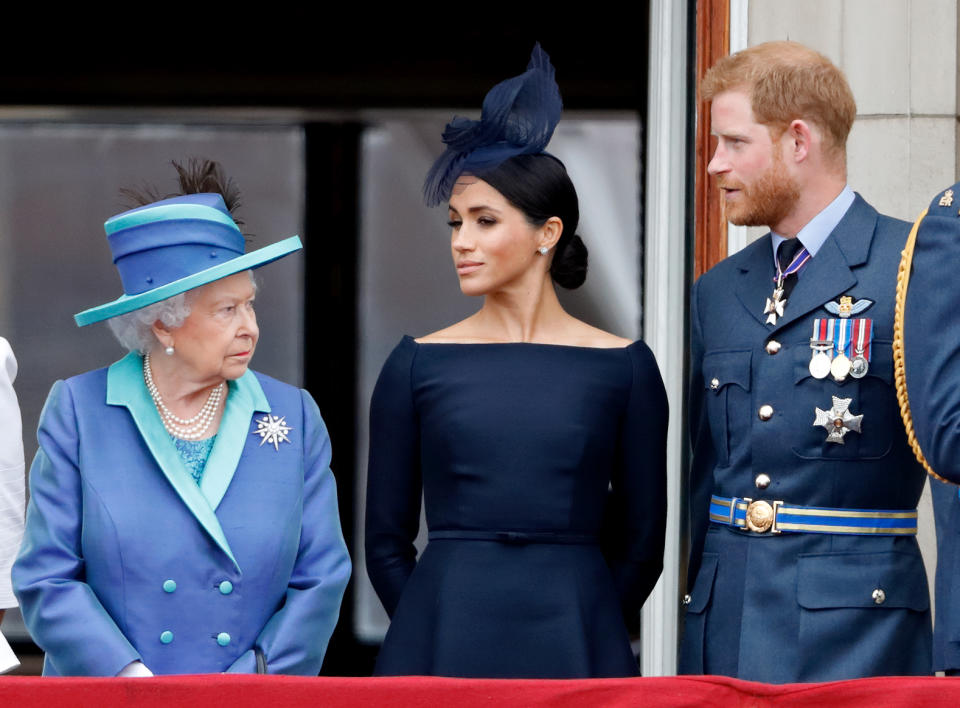 The Queen, Meghan Markle and Prince Harry on the Buckingham Palace balcony