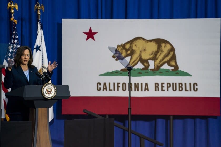 SAN FRANCISCO, CA - APRIL 21: Vice President Kamala Harris delivers remarks following a visit with expecting families and caregivers at UCSF Mission Bay on April 21, 2022 in San Francisco, CA. (Kent Nishimura / Los Angeles Times)