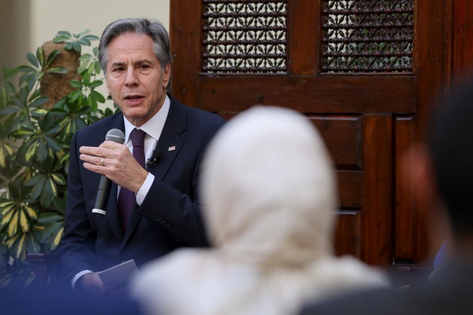 US Secretary of State Antony Blinken visits the American University in Cairo, Egypt, on January 29 (AP)