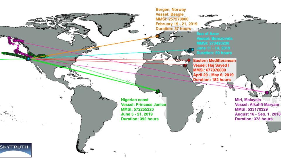 The real location of circling ships. Pic: SkyTruth/Global Fishing Watch/Orbcomm/Spire