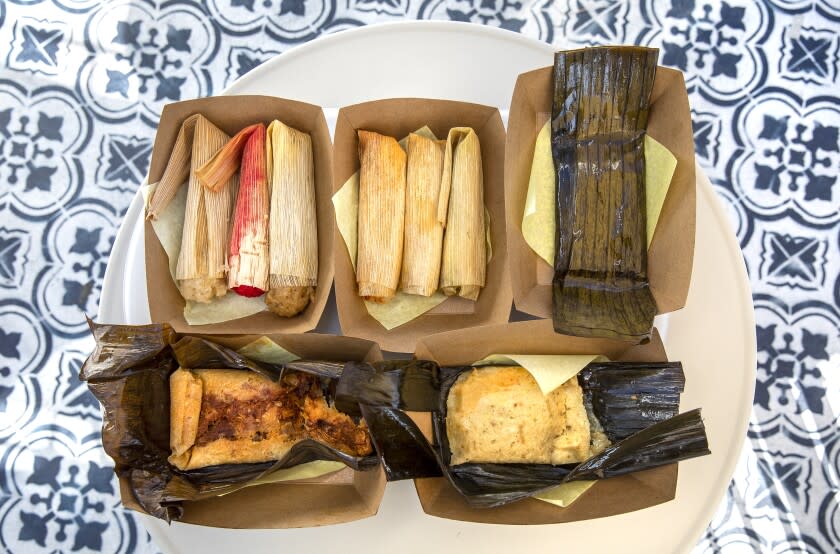 BELL GARDENS, CA -OCTOBER 01, 2020: Tamales wrapped in corn husks and banana leafs are on the menu at Tamales Elena Y Antojitos, an Afro-Mexican restaurant in Bell Gardens. (Mel Melcon / Los Angeles Times)