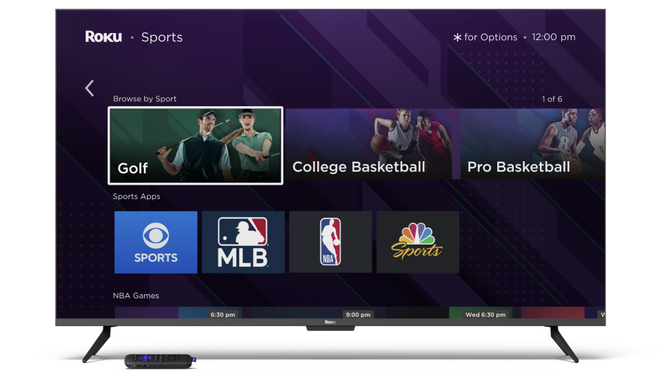 Roku marketing image showing a TV displaying a sports menu.